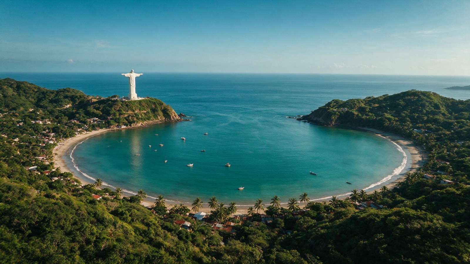 Bahía de San Juan del Sur con el Cristo de la Misericordia, de día